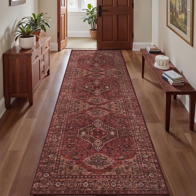 Tangsoo Red 2.6x8 Washable Runner Rug for Hallways, Non Slip Vintage Runner Rug, Oriental Soft Low Pile Long Rug Runner, Boho Print Carpet Runners for Kitchen Bedroom Entryway Living Room Dark Red