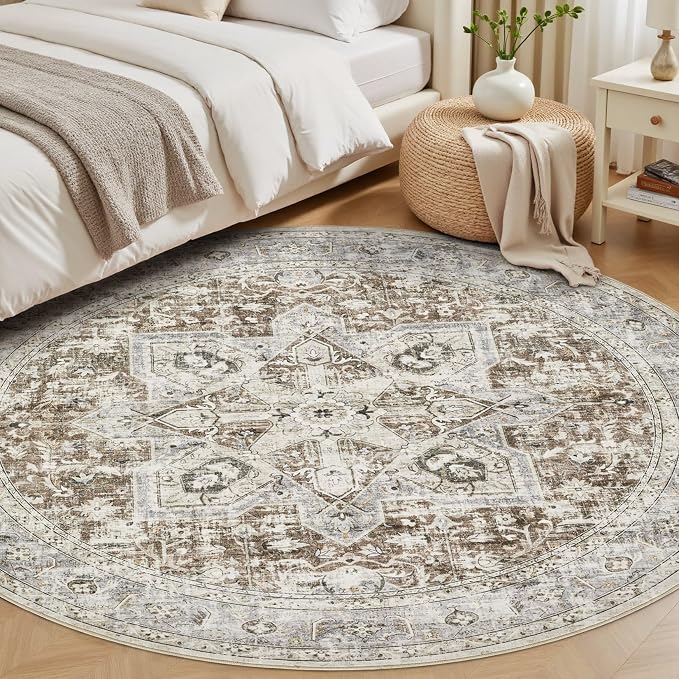 Tortania 7' Round Area Rug Living Room Rugs - Washable Boho Rug Vintage Oriental Distressed Farmhouse Large Thin Indoor Carpet for Bedroom Under Dining Table Home Office - Brown Blue