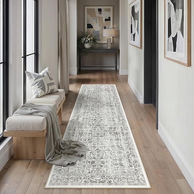 PureCozy Black Runner Rug 2'6"x10' Washable Carpet for Hallway Kitchen Vintage Distressed Non Slip Indoor Retro Floral Bedroom Accent Throw Long Rug Bathroom Office Laundry Dining Living Room