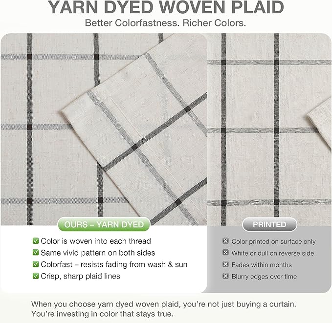 Vision Home Black Plaid Linen Pinch Pleated Semi Sheer Curtains Checkered Light Filtering Window Panels 95 inches Long for Living Room Bedroom Rustic Pleat Drapes with Back Tab Hooks 40" Wx95 Lx2
