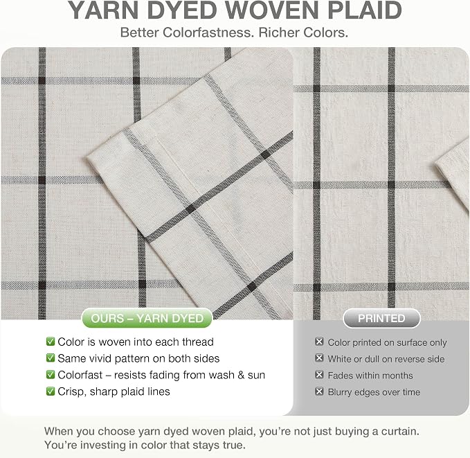 Vision Home Black Plaid Linen Pinch Pleated Semi Sheer Curtains Checkered Light Filtering Window Panels 108 inches Long for Living Room Bedroom Rustic Pleat Drapes with Back Tab Hooks 40" Wx108 Lx2