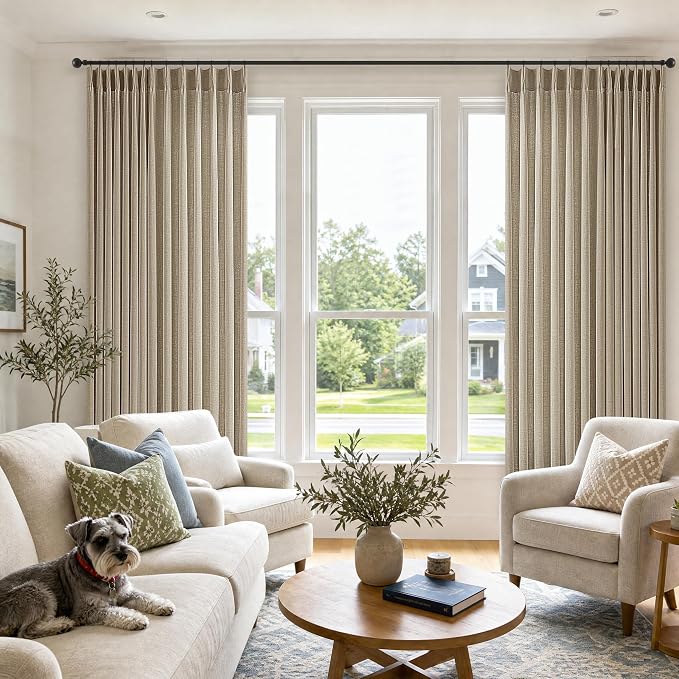 Extra Wide Pinch Pleated Linen Curtains 108 Inch 1 Panel Long for Living Room Patio Sliding Door 70 Inch Width Semi Sheer Privacy Pleat Curtains with Hooks Rings Retro Burlywood Birch Back Tab Drapes