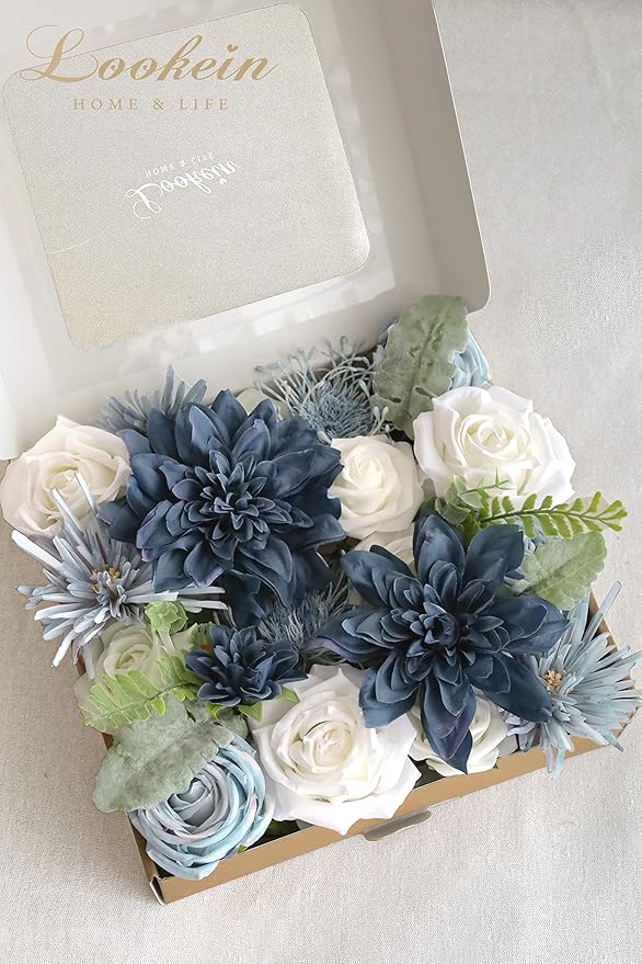 Lookein Artificial Flowers for DIY Wedding Decoration Bridal Bouquet Table Centerpieces Flower Garland Wreaths Aisle Arch Flower Decoration Home Decor, Retro Dusty Blue