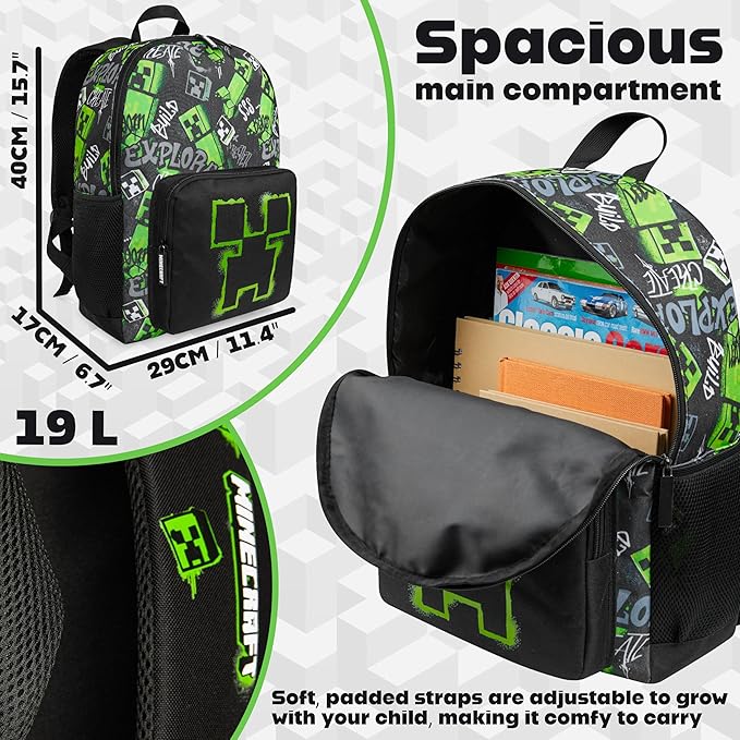 Minecraft Backpacks for Kids Creeper Boy Bag with Zipped Pockets Adjustable Straps Kids Bag for Gaming Travel and School Backpack Boy Gifts (Black, 15.74x11.41x6.69inch)