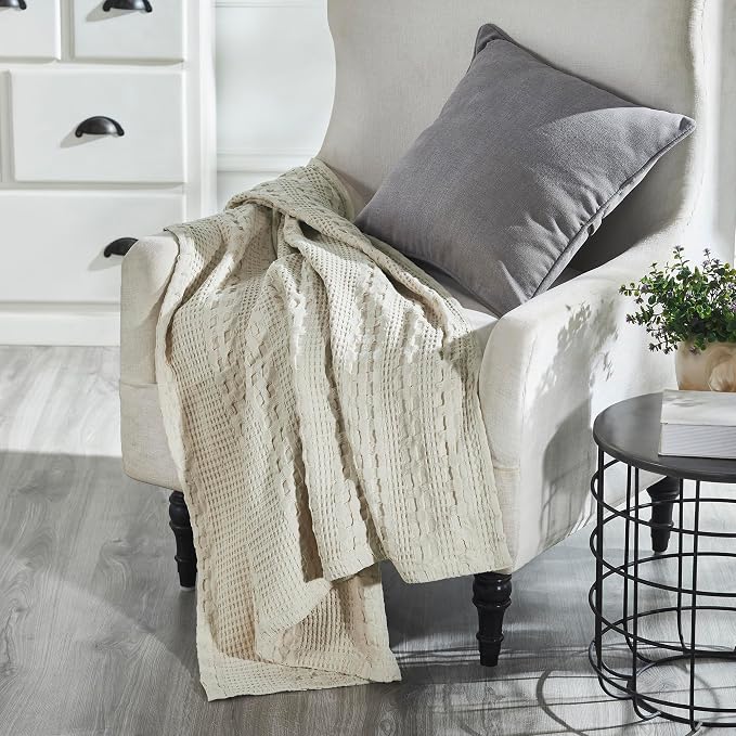 VHC Brands 100% Cotton Waffle Weave Natural Throw 50x60, Decorative Cotton Throw Blanket, Boho Farmhouse Bedroom, Living Room Decor for Bed, Couch, or Sofa