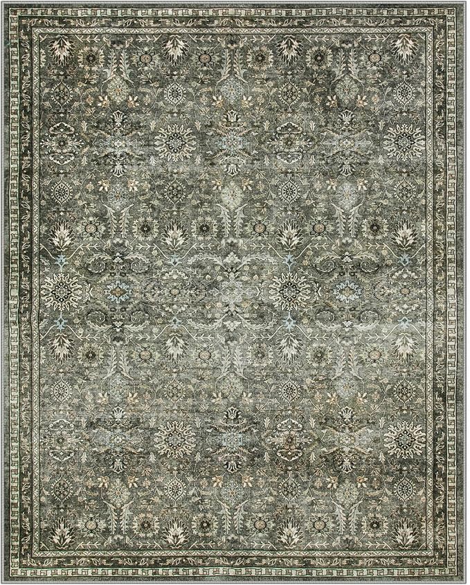 Lahome Dark Olive Green Bedroom Rug, 8x10 Washable Area Rug for Living Room | Rubber Backed Non Slip Non Shedding Floor Carpets for Dining Room Apartment