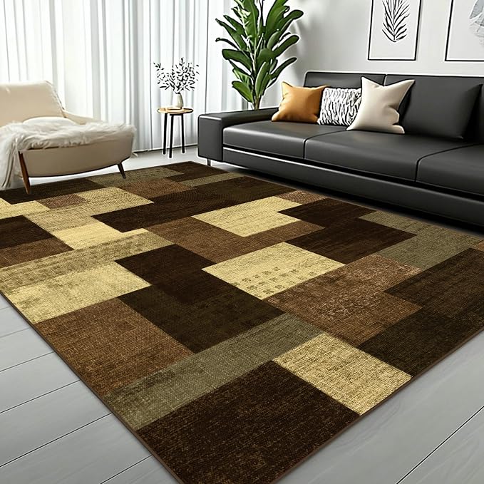 Modern Geometric Patchwork Indoor Area Rug for Living Room, Warm Taupe 5x7 Large Rug Rockwood Collection Hardwood Floors Decor for Bedroom, Taupe Throw Carpet for Office Entryway Dining Room