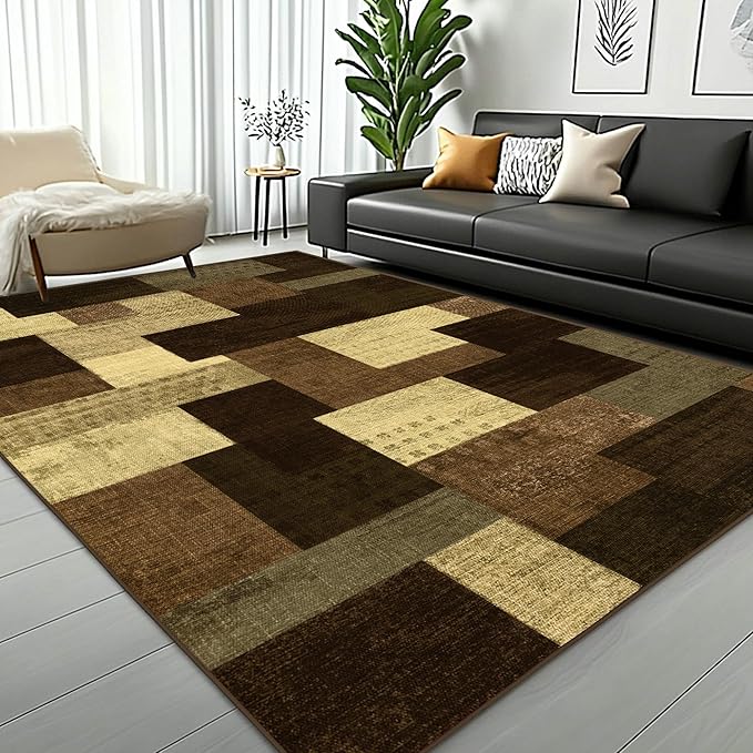Modern Geometric Patchwork Indoor Area Rug for Living Room, Warm Taupe 8x10 Large Rug Rockwood Collection Hardwood Floors Decor for Bedroom, Taupe Throw Carpet for Office Entryway Dining Room