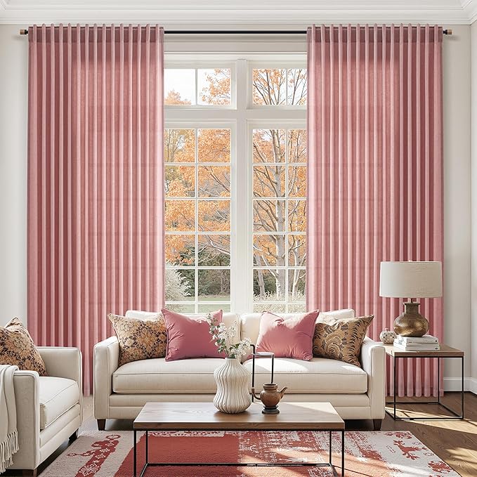 Canyon Rose Linen Curtains for Living Room 126 Inches Long Light Filtering Semi Sheer Curtain Back Tab Modern Farmhouse Decor Boho Girl Drapes Floor to Ceiling High Window for Bedroom 52x126, 2 Panels