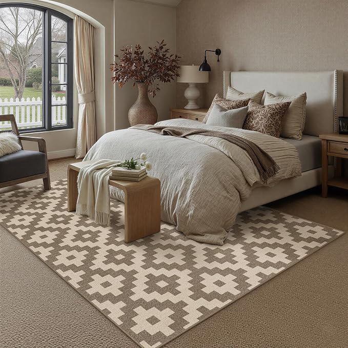 PureCozy Brown 8x10 Area Rug for Living Room Machine Washable Large Rug Non-Slip Soft Low Pile Carpet Checkered Stain Resistant Indoor Office Throw Rug for Bedroom Dining Room