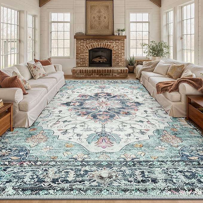RELEANY Area Rugs 10'x12' Washable Non-Slip, Floral Vintage Distress Print Pattern Medallion Carpet for Living Room Bedroom Dining Room, Green Navy Blue White Red Teal Colorful