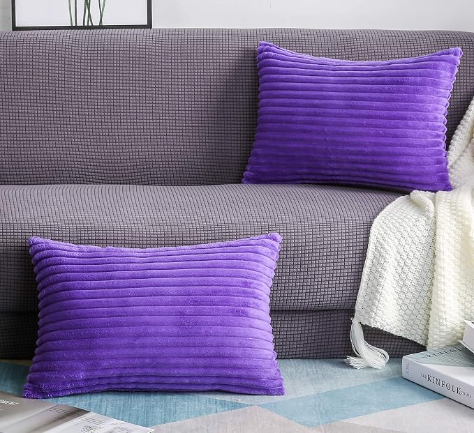 TangDepot Velvet Big Corduroy Pillow Covers 12x24 Violet 2-Pack | Soft wide-stripe corduroy pillow cover, hidden zipper, machine washable, easy refresh, for bedroom living room indoor outdoor