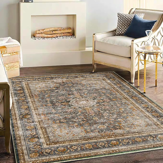 CHAMPLANT Washable Area Rug 4'x6' Traditional Floor Cover Foldable Thin Rugs Retro Kitchen Indoor Distressed Non Slip Carpet Floral Print Mat Bedroom Living Room