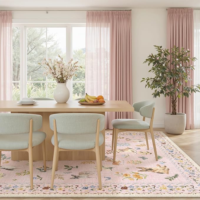 Soalmost Dog 8x10 Pink Area Rugs for Baby Girl Nursery, Washable Animal Floral Vintage Rug Non-Slip Low Pile Soft Throw Rugs for Living Room Dining Room Bedroom Playroom Classroom (8 x 10,Pink)