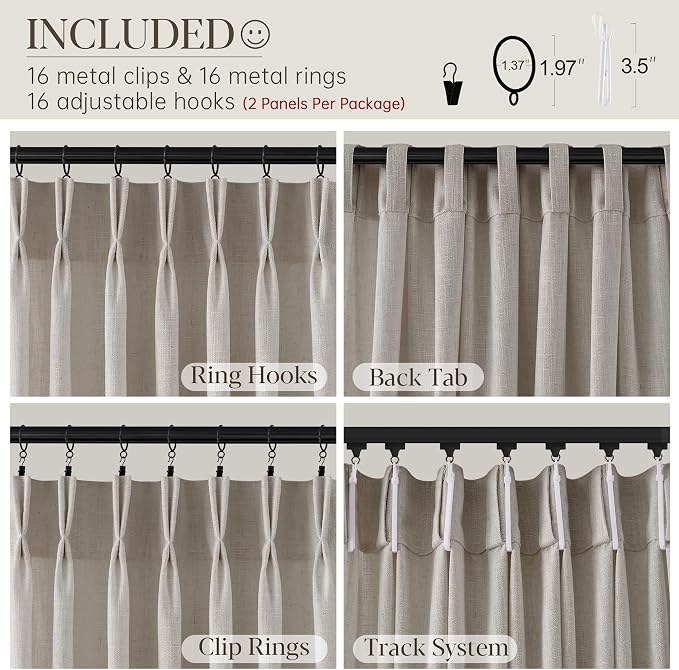 Pinch Pleated Linen Curtains 96 Inches Long 2 Panels for Living Room Bedroom Light Filtering Curtain Memory Shape Trained Pinch Pleat Thick Linen Drapes Back Tab with Hooks Clip Rings Taupe