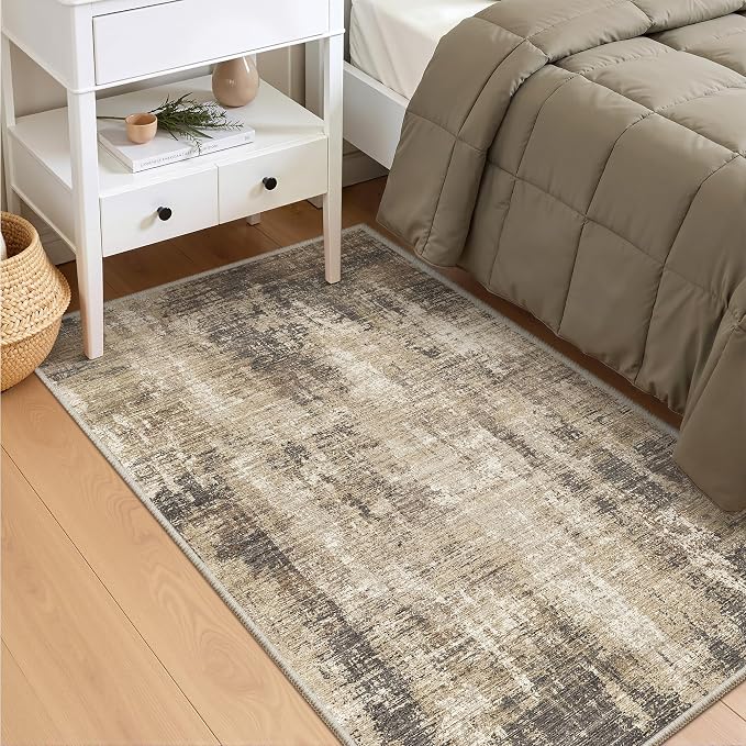 Valenrug Washable Rugs 4x6 - Stain Resistant 4x6 Area Rugs for Living Room, Non Slip Backing Abstract Rugs for Bedroom, Folable Machine Washable Area Rug(4'x6', Taupe)