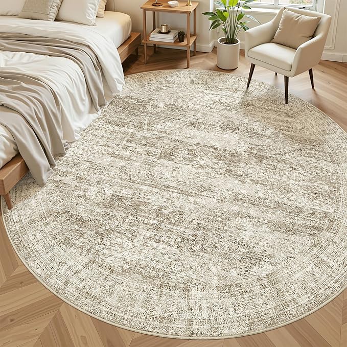 Soalmost 8x8 Brown Round Rug 8ft Living Room Circle Rug Vintage Round Area Rug Non Slip Indoor Carpet for Apartment