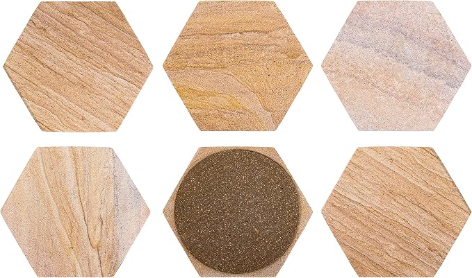 Sandstone Water Absorbent Hand Crafted Hexagon Coasters for Drinks - 4 Inches Wide Thirsty Stone Bar/Drink Coasters- Made from Rainbow Sandstone (Set of 6 Without Holder)