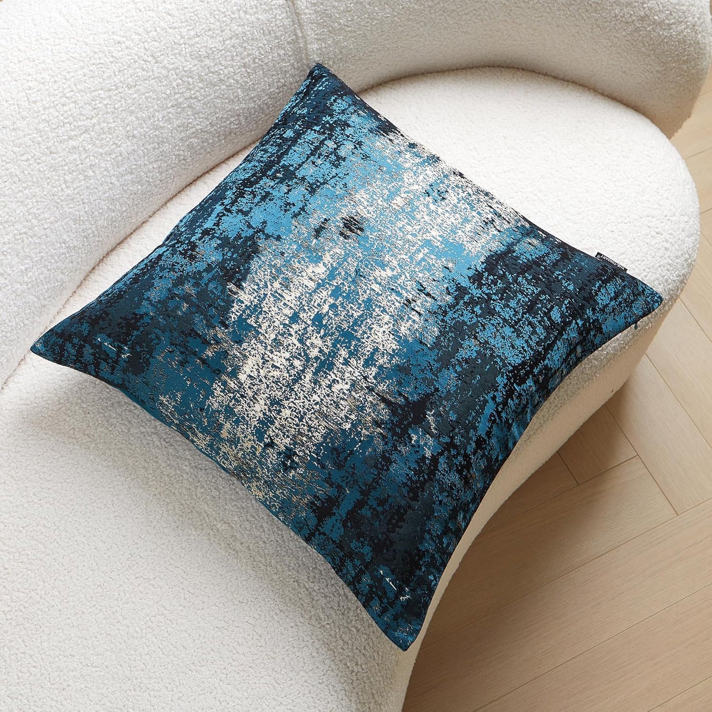 THE-TINOART Teal & Gold Embroidered Jacquard Pillow Cover 20x20 Inches - Luxury Reversible Decorative Throw Pillow Cover with Gold Thread & Velvet Backing, Elegant Holiday Home Decor