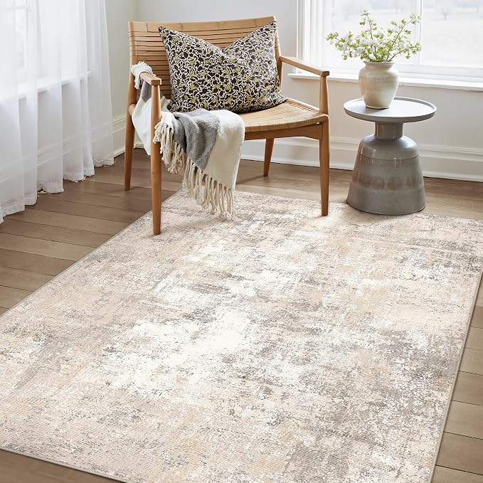 3x4 Washable Area Rug Beige Grey Abstract Non Slip Soft Low Pile Rug for Entryway Kitchen Bathroom Neutral Modern Throw Carpet for Living Room Bedroom Home Decor