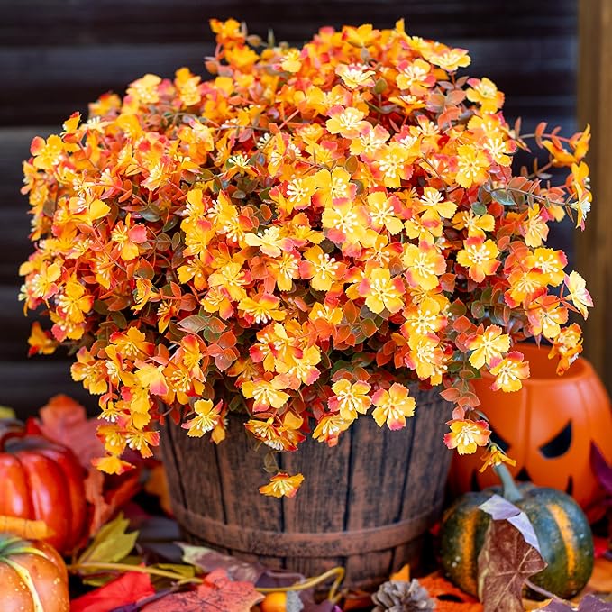 AXYLEX Artificial Fall Flowers Outdoor Fake Mums - 12 Bundles Fake Plants UV Resistant No Fade Faux Plastic Greenery Garden Porch Patio Fall Home Decor(RedOrangeYellow)