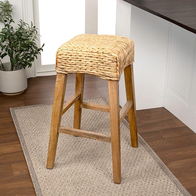 JONATHAN Y Maui Coastal Woven Water Hyacinth Bar Stool, Mango Wood Frame, 30" Backless Barstool for Kitchen Island with Integrated Footrest, Fully Assembled, Coastal, Natural BSL1101B