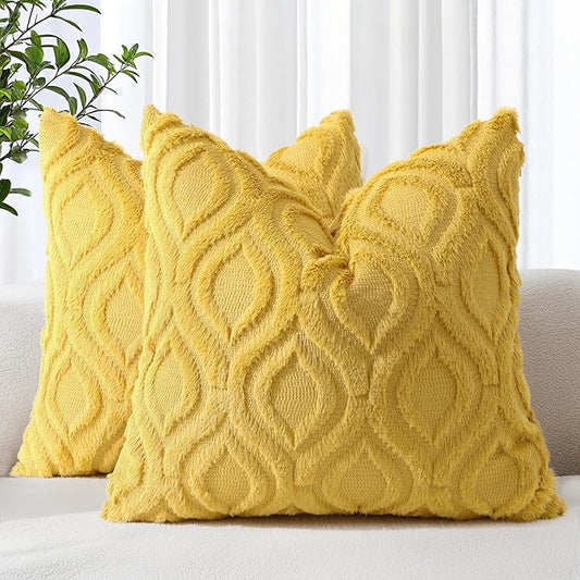 decorUhome Summer Throw Pillow Covers 20x20 Inch Set of 2, Soft Plush Faux Wool Mustard Yellow Solid Couch Pillow Covers, Accent Farmhouse Neutral Square Pillow Cases for Sofa Bed Living Room