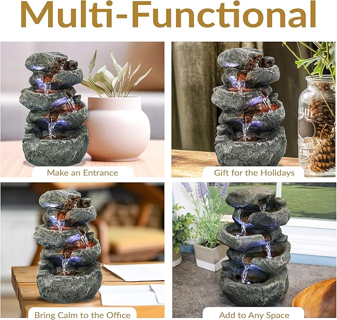 Sunnydaze Tabletop Water Fountain - Stacked Rocks 10.5 Inch Relaxing Desktop Water Fountain with LED Lights - Office, Bedroom, Living Room