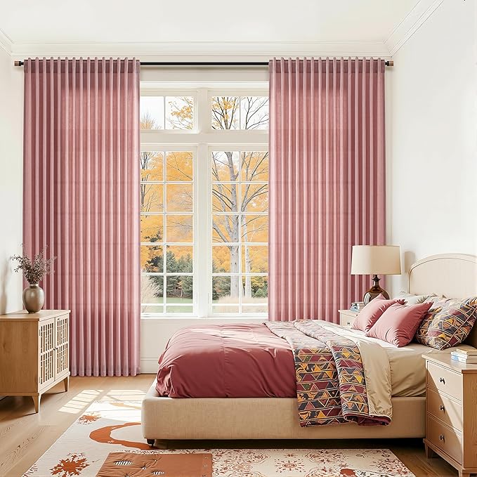 Canyon Rose Linen Curtains for Living Room 94 Inches Long Light Filtering Semi Sheer Curtain Back Tab Modern Farmhouse Decor Elegant Luxury Boho Girl Drapes for Bedroom Dinner Room 52x94, 2 Panels