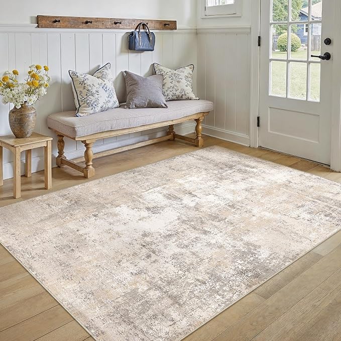 4x6 Washable Area Rug Beige Grey Abstract Non Slip Soft Low Pile Rug for Entryway Kitchen Bathroom Neutral Modern Throw Carpet for Living Room Bedroom Home Decor