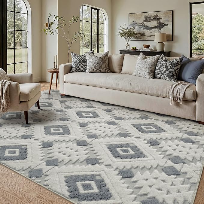 PureCozy Moroccan 5x7 Area Rug for Living Room Blue Grey Washable Checkered Shag Bedroom Carpet Non Slip Soft Neutral Boho Modern Throw Rug for Office Kitchen Dining Room Nursery