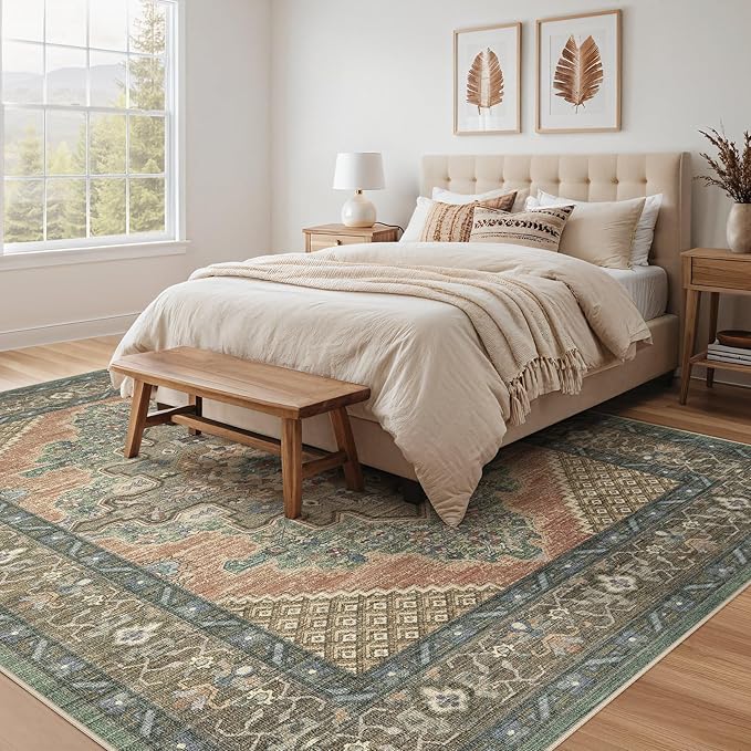 Tortania Area Rug Living Room Rugs - 6x9 Washable Boho Rug Vintage Oriental Distressed Farmhouse Large Thin Indoor Carpet for Living Room Bedroom Under Dining Table Home Office - Sage Terracotta