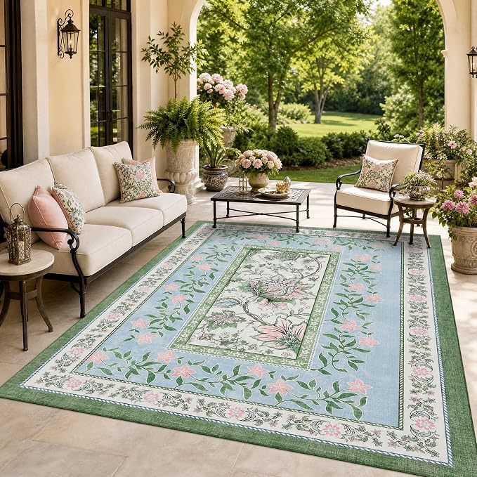 GarveeHome Blue Green Pink 8x10 Area Rugs for Living Room, Botanical Grove Cottagecore Washable Rug for Bedroom Dining Nursery Low-Pile Vintage Large Carpet