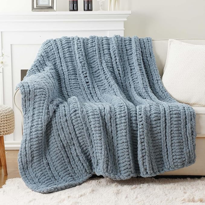 Battilo Chunky Knit Throw Blanket for Couch, 50"x60", Dusty Blue | Hand Knit, Cozy Warm Thick Soft Chenille Throw Blanket for Bed, Sofa, Living Room