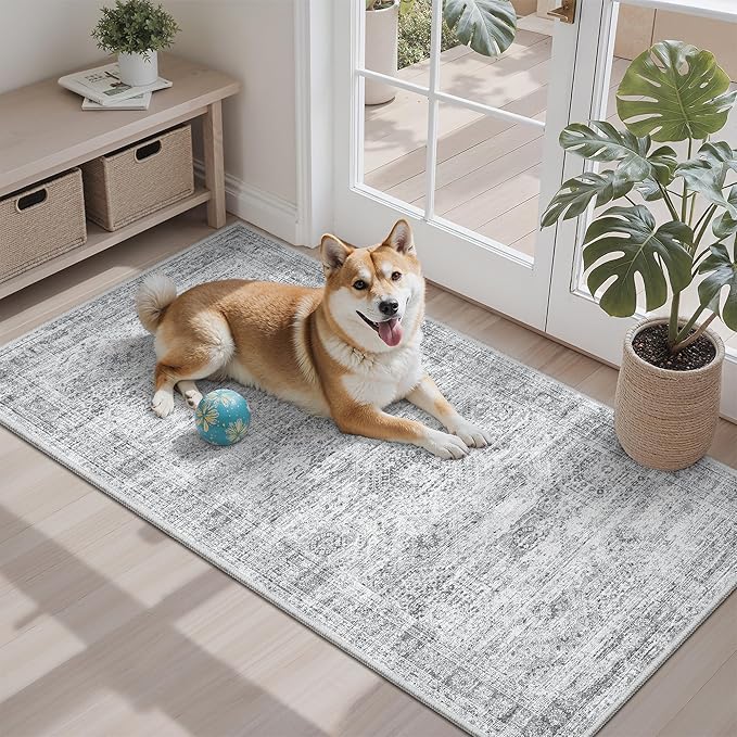 Soalmost 2x4 Washable Rugs for Kitchen, Floor, Entryway, Powder Room Small Area Rug Non-Slip Vintage Low Pile Throw Door Mat Grey