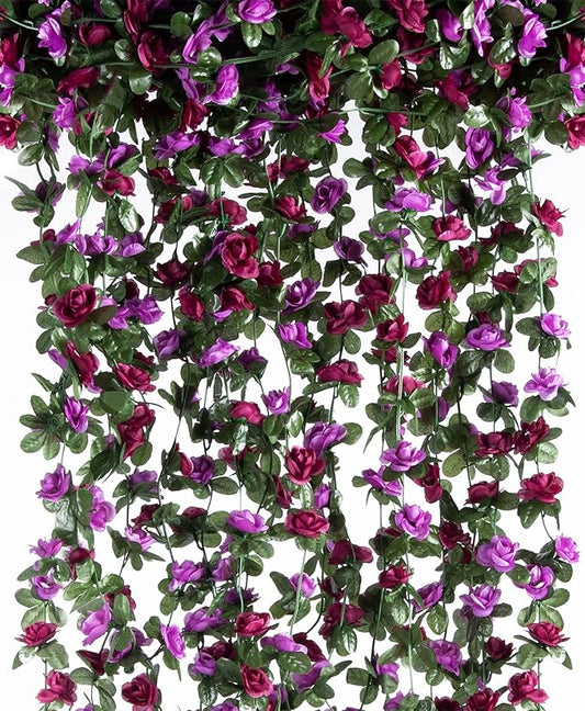 PONKING 6 Pcs x 8.2 ft Flower Garland Artificial Rose Vine Flowers with Green Leaves Hanging Fake Roses Vine for Room Party Home Wedding Birthday Christmas Wall Arch Decor, Spring Purple Flower