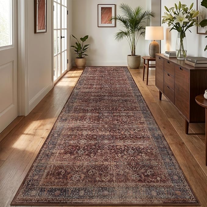 Washable Runner Rug 3x10, Vintage Farmhouse Dark Hallway Runner for Kitchen Floor Non Slip, Low Pile Thin Print Long Carpet Runner for Entryway Corridor Mudroom Foyer, Brick Red