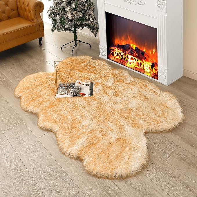 Faux Fur Rug White Yellow Fluffy Sheepskin Area Rug,Ultra Soft Shaggy Plush Rug Bedroom Living Room Sofa Floor Kids Room Bedside（4 x 6 ft Sheepskin）