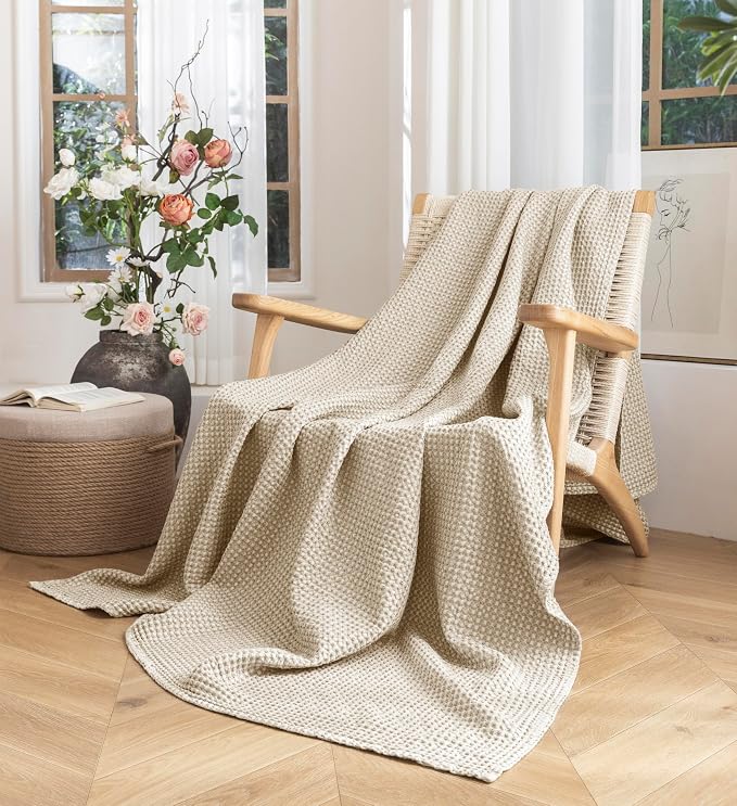 Talasily 100% Cotton Blanket Throw Size for Bed - Spring and Summer Cooling Lightweight & Breathable Bedding -Soft Waffle Weave Christmas Blanket, Machine Washable,Oatmeal,50x60 Inches