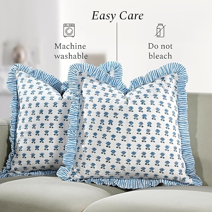 CPC Arctic Blue Hand Block Print 100% Cotton Ruffle Throw Pillow Cover 20x20 inch with Hidden Zipper Decorative for Couch, Bed, Sofa, Farmhouse, Cottagecore Decor Gift Christmas Fall Thanksgiving