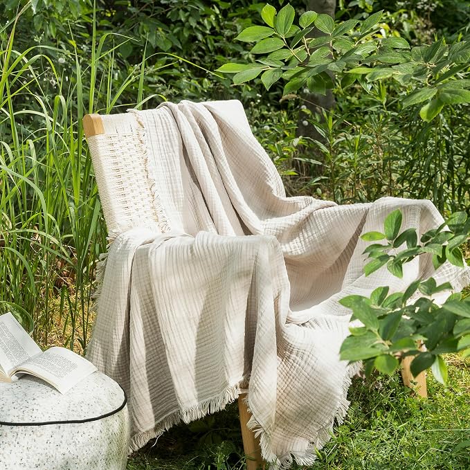 MooMee Muslin Blanket - 100% Cotton 4-Layer Gauze Throw Blanket with All-Around Fringe, Soft Breathable Lightweight Cooling Summer Blankets for Bed Couch (Cream Grey,Twin XL 66" x 90")