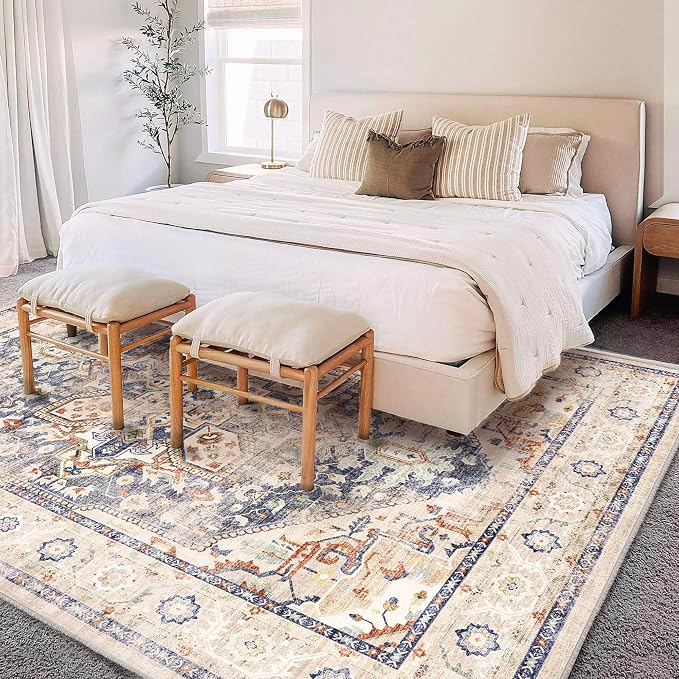CHAMPLANT Washable Area Rug 9'x12' Blue Khaki Retro Flowers Boho Design Non-Shedding Easy Care Ideal for High Traffic Areas in Living Room Bedroom Office Coffee Table Kitchen Large Carpet