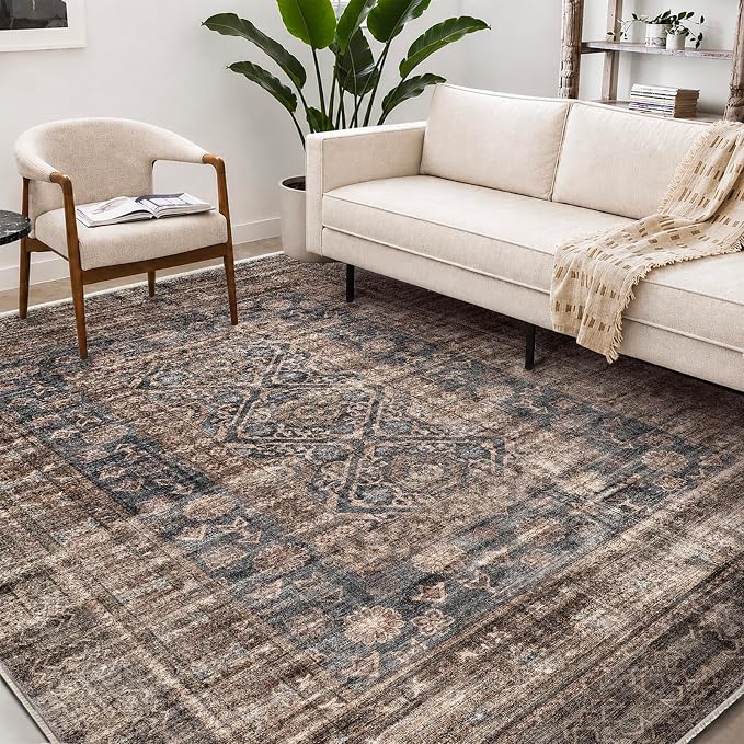 CHAMPLANT Washable Area Rug 9'x12' Retro Boho Design Non-Shedding Easy Care Ideal for High Traffic Areas in Living Room Bedroom Office Coffee Table Kitchen Large Carpet