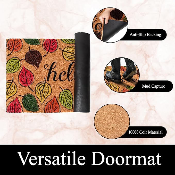 A1HC Natural Coco Coir Door Mat Hello Autumn Leaves Doormat with Heavy Duty Non-Slip PVC Backing - 18" x 30" - Easy to Clean, Welcome Mat for Home, Low-Profile Durable Doormat