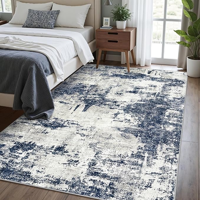 Area Rug Living Room Rugs: 5x7 Washable Rug with Anti-Slip Backing Non-Shedding Stain-Resistant Foldable Modern Abstract Carpet for Bedroom Dining Room Nursery Home Office - Gray/Blue