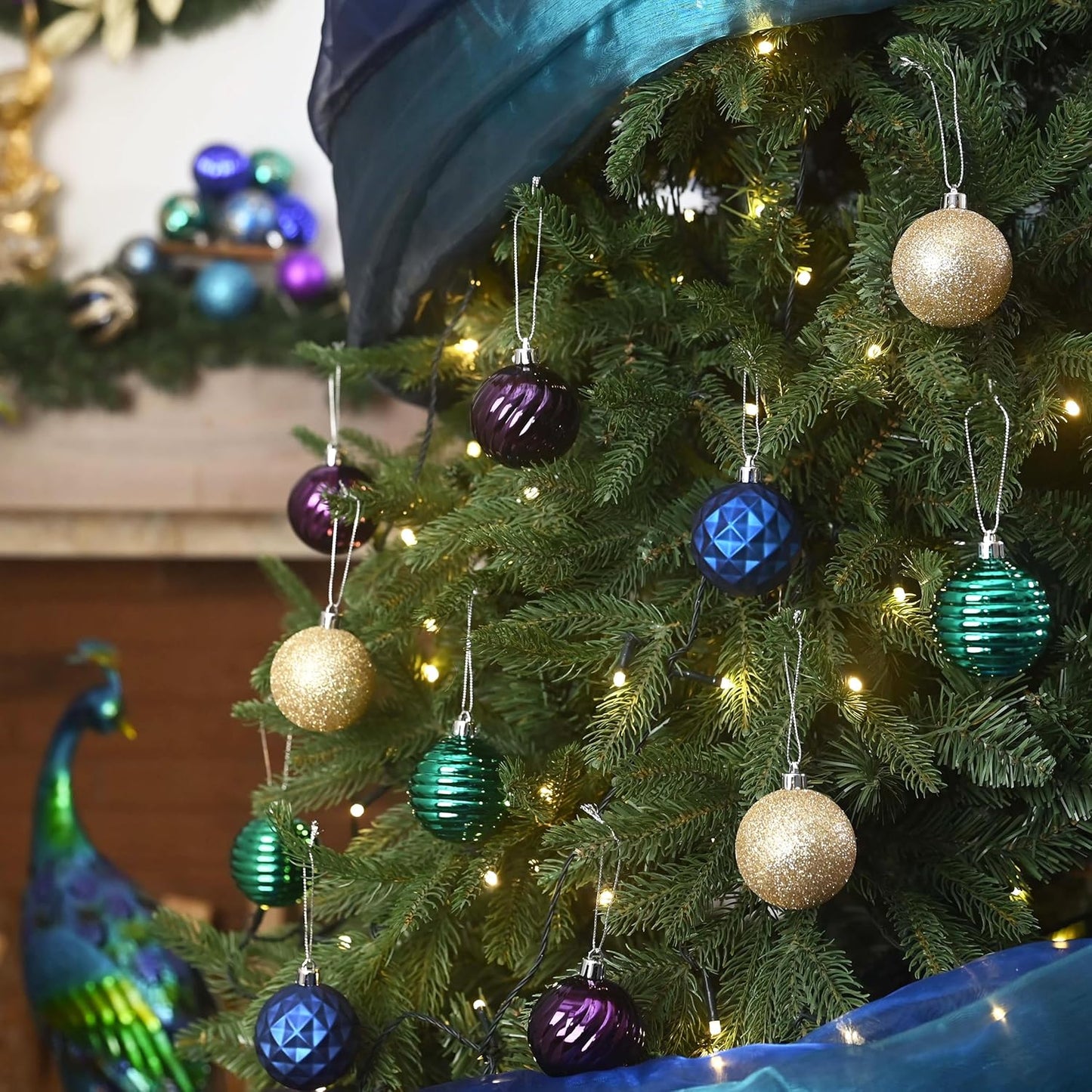 Valery Madelyn Christmas Ornaments Tree Decorations Set for Fall Halloween, 24ct Peacock Blue Purple Green Shatterproof Ball Ornaments, 2.36" Hanging Ornament Bulk for Xmas Holiday Party Decor