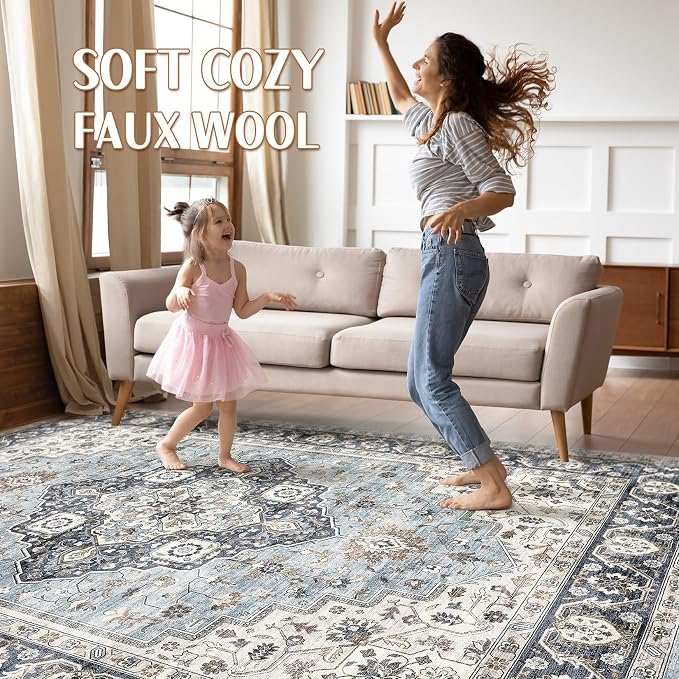 5x8 Area Rugs Living Room: Washable Boho Large Neutral Vintage Soft Rug Stain Resistant Farmhouse Non-Slip Indoor Floor Carpet for Bedroom Nursery Kids Playroom Office Dining Room- Blue Tan