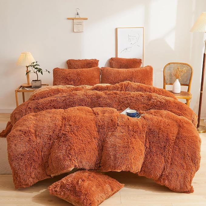 XeGe Fluffy Faux Fur Duvet Cover Set, Luxury Ultra Soft Plush Shaggy Terracotta Bedding Set 2 Pieces Velvet(1 Fuzzy Comforter Cover + 1 Furry Pillow Case), Zipper Closure (Twin, Burnt Orange)