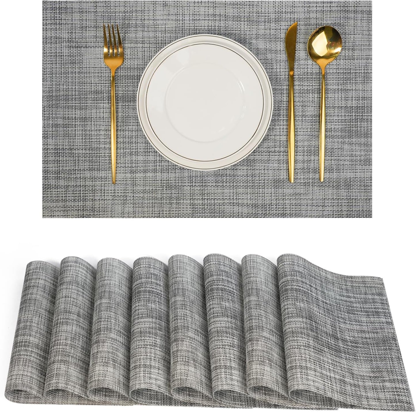 Placemats Set of 8，Non-Slip PVC Weave Table Mats Easy to Clean，Heat Resistant Place Mats for Kitchen Dining Table Decoration Indoor Outdoor，Gray