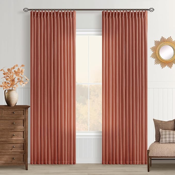 Terracotta Linen Curtains Pinch Pleated 84 Inches Long 2 Panels for Living Room Dining Pinch Pleat Light Filtering Boho Retro Semi Sheer Bedroom Window Curtain Burnt Orange Rust Autumn Fall Decor